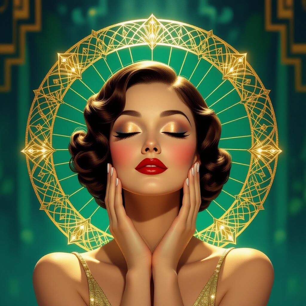 Art Deco Woman in Golden Geometric Halos