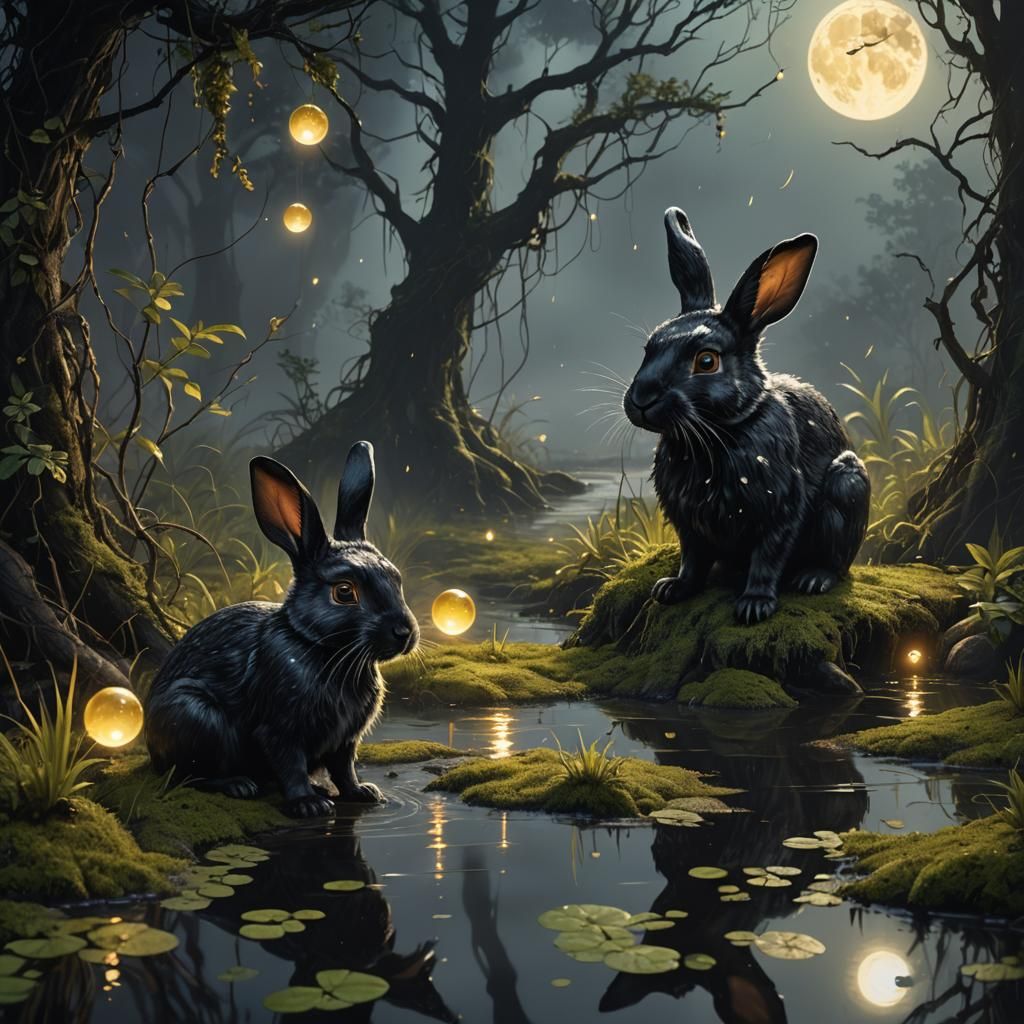 Magical Black Rabbits in Moonlit Swamp