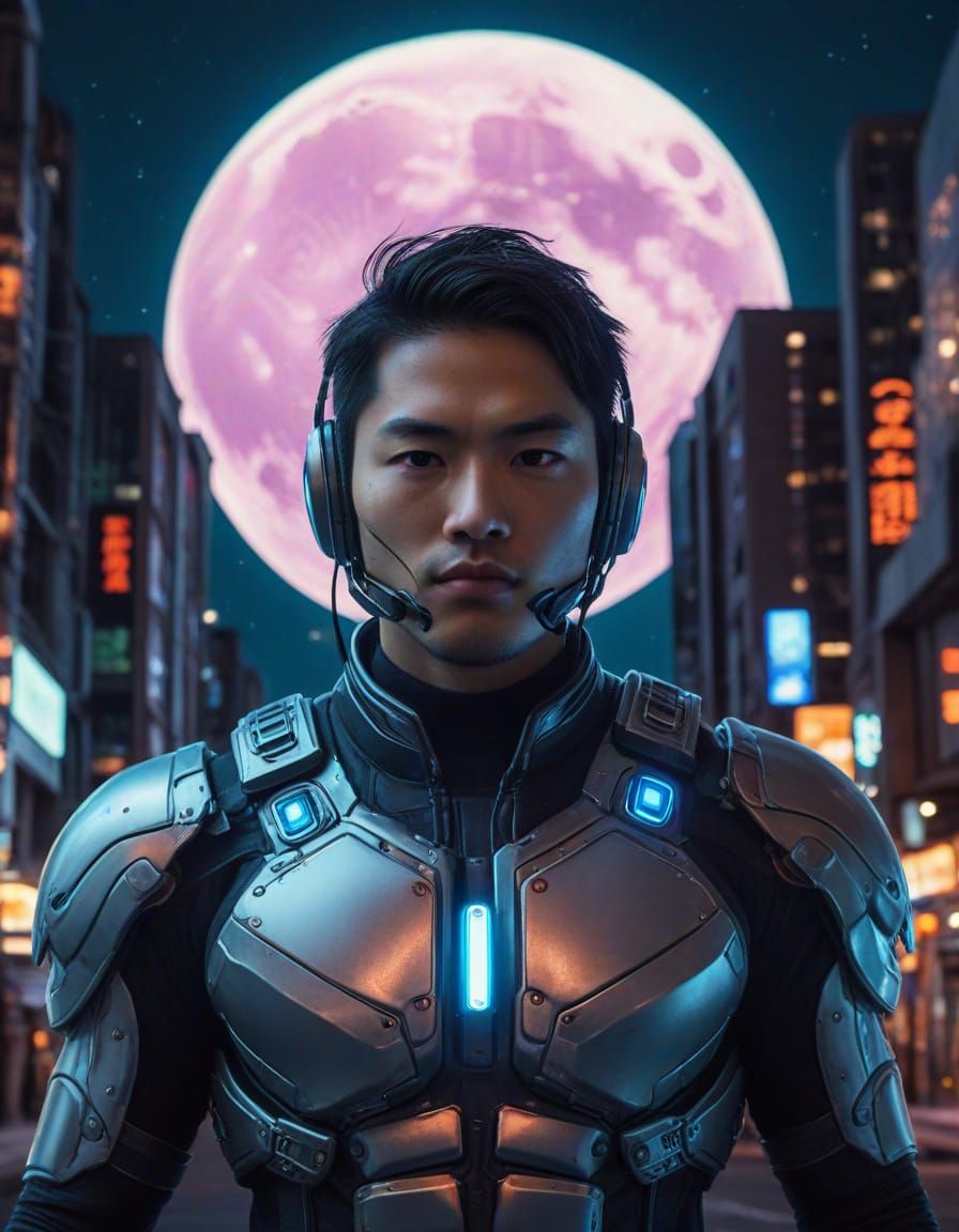 Asian Male in Futuristic Canyon Landscape with High-Tech Bui...