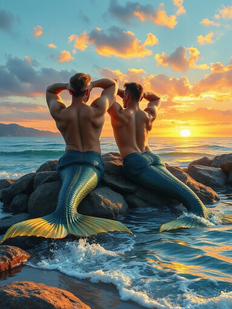 Mermen at Sunset: Acrylic Seascape Painting