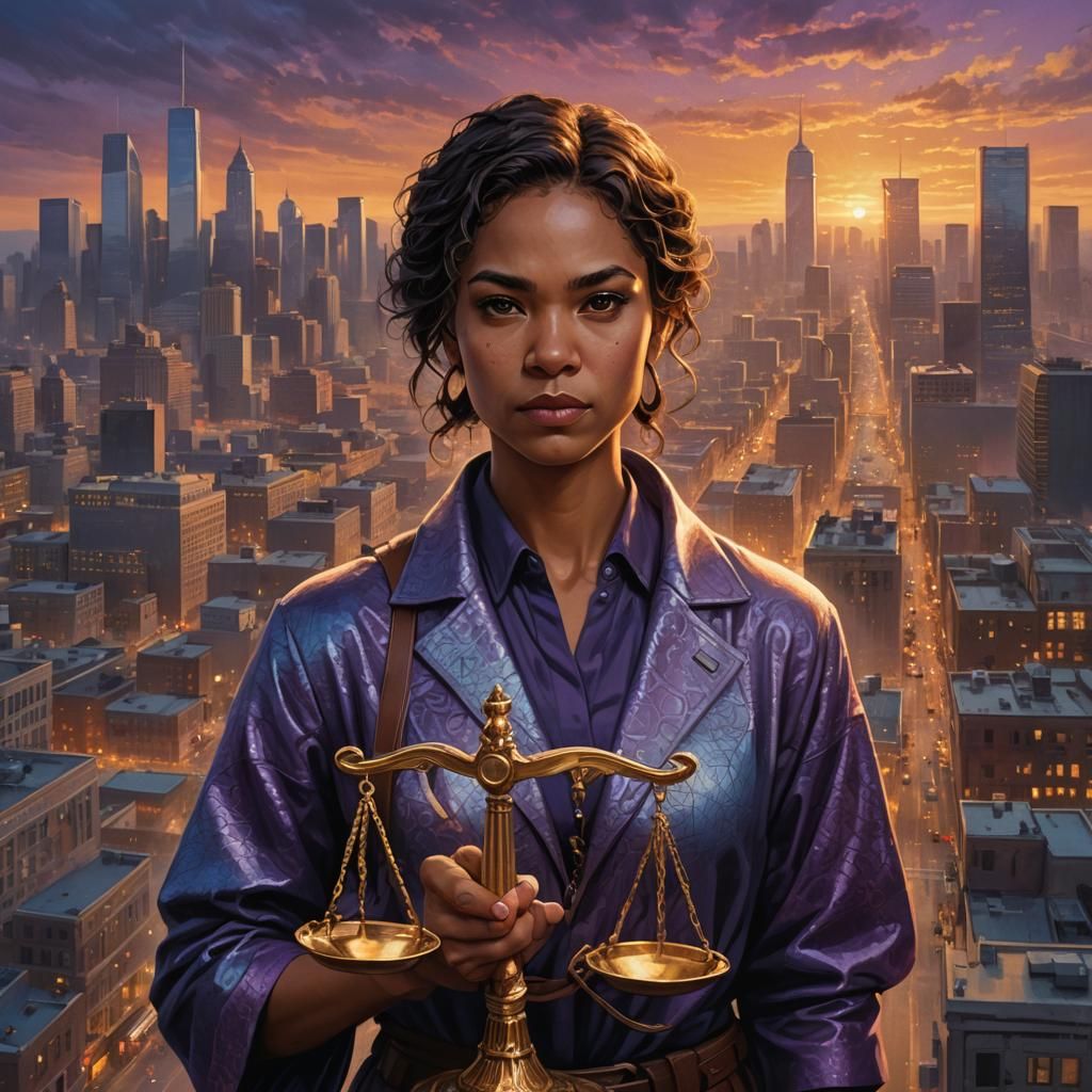 Scales of Justice: Hyperrealistic Portrait in Sunset Citysca...