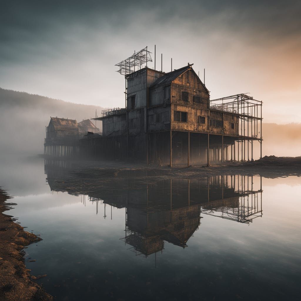 Surreal Lake Shore Construction in Golden Hour