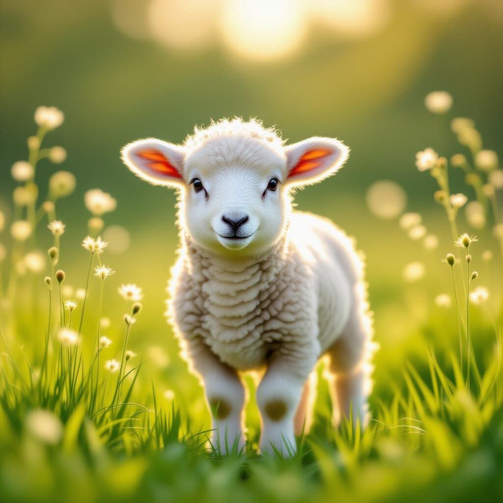 Timid Lamb in Meadow, Classic Illustration Style