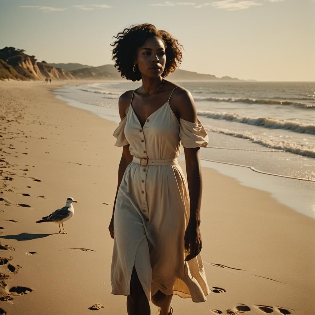 Confident Woman on Sunlit Beach in Cinematic Style