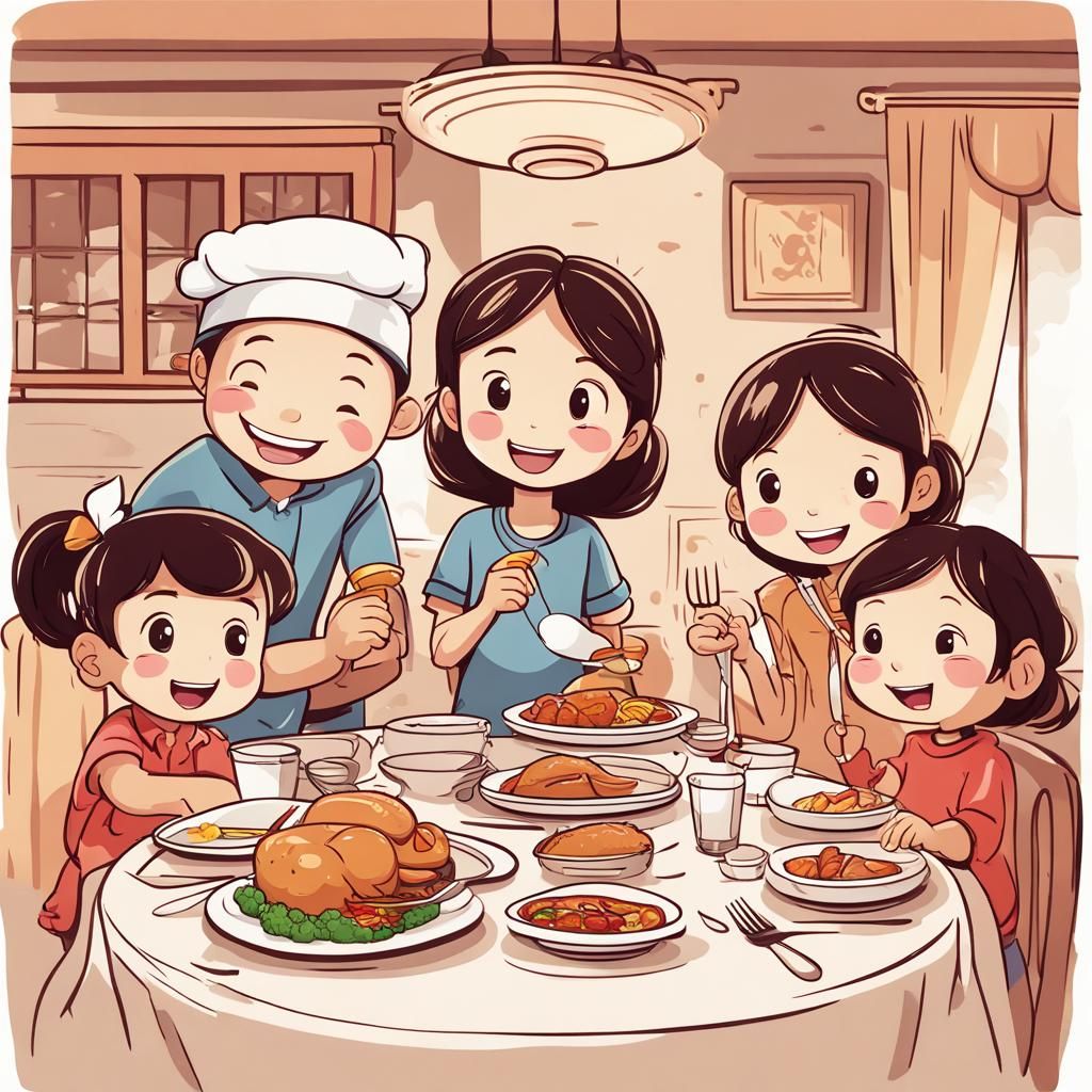 Cartoon Girl's Family Dinner Illustration