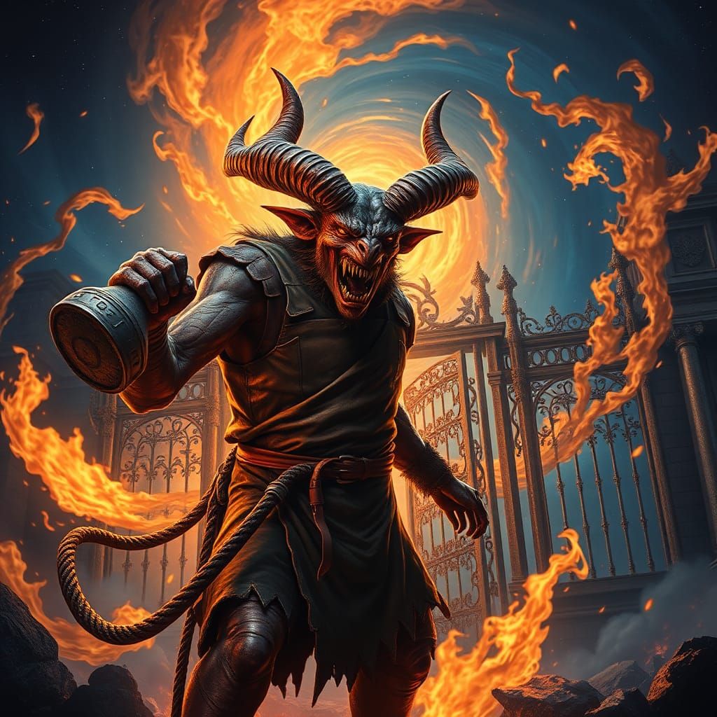 Demonic Blacksmith Burns Heaven in Dark Fantasy Art