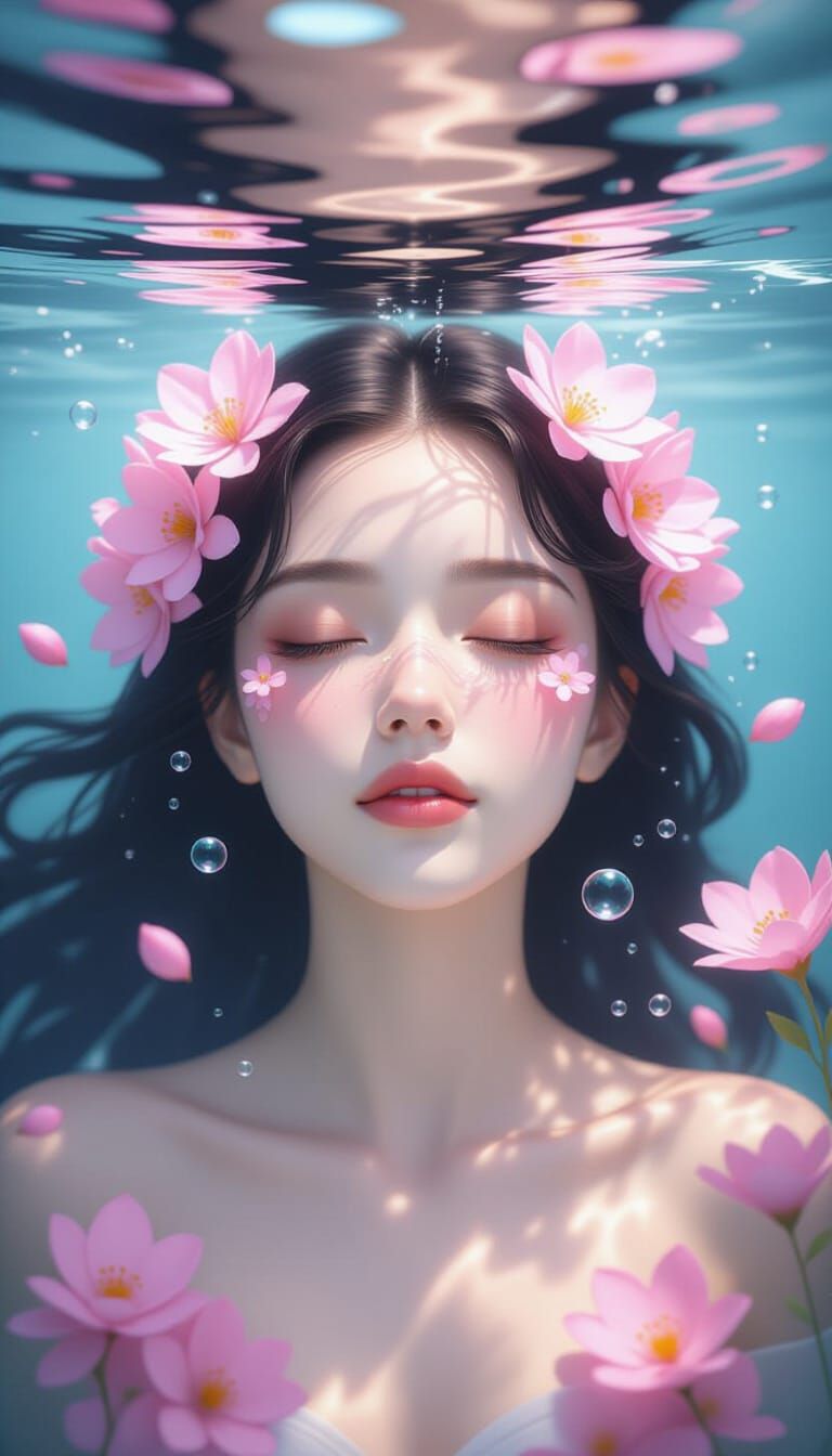 Ethereal Water Nymph with Blossoms in Underwater Realm