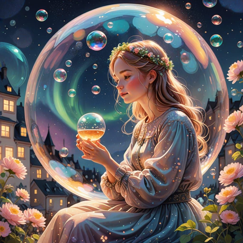 Dreamy Girl in Bubble Sipping Tea Under Aurora