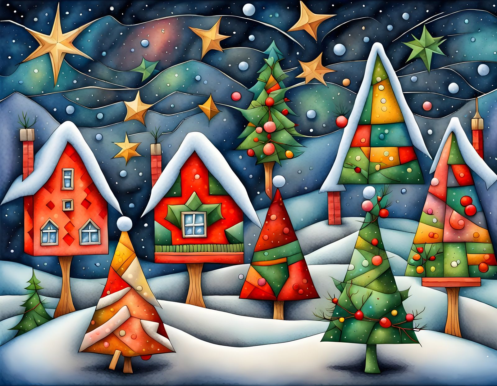 Aquarelle Christmas Wonderland in Cubist Style