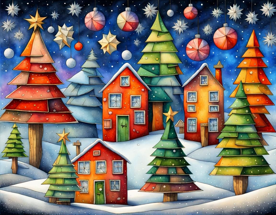 Vibrant Christmas Scene in Cubist Style