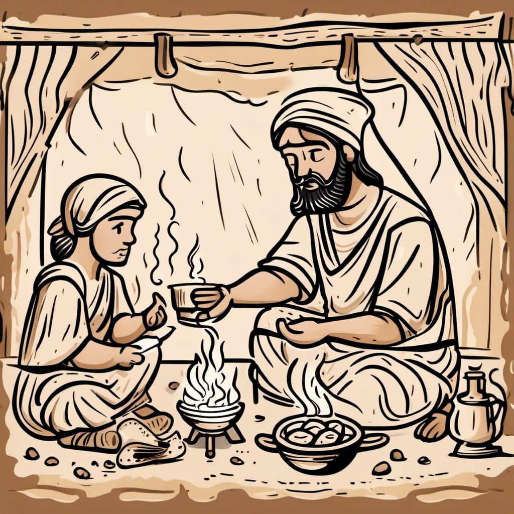 Biblical Scene: Isaac, Rebekah, and Sons in Tent