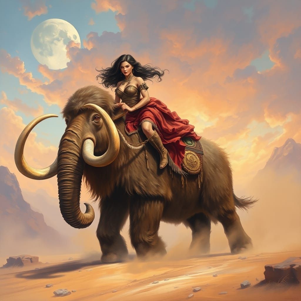 Barbarian Woman Rides Mammoth in Desert, Impressionistic Oil...