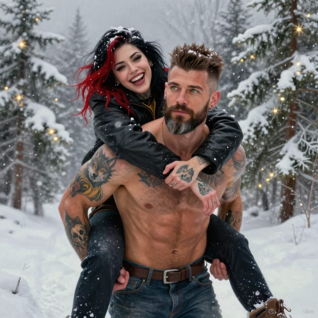 Couple Laughing in Snowy Christmas Landscape Oil Painting