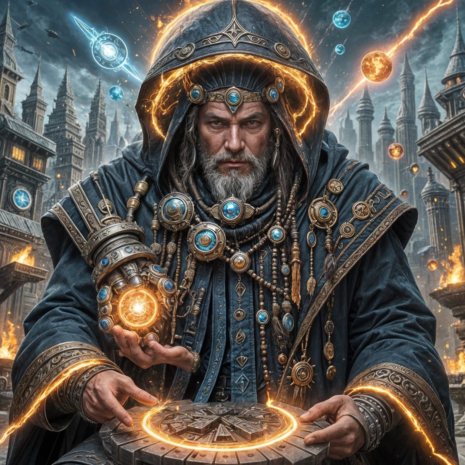 Cyberpunk Wizard Summons Futuristic Allies in Cityscape