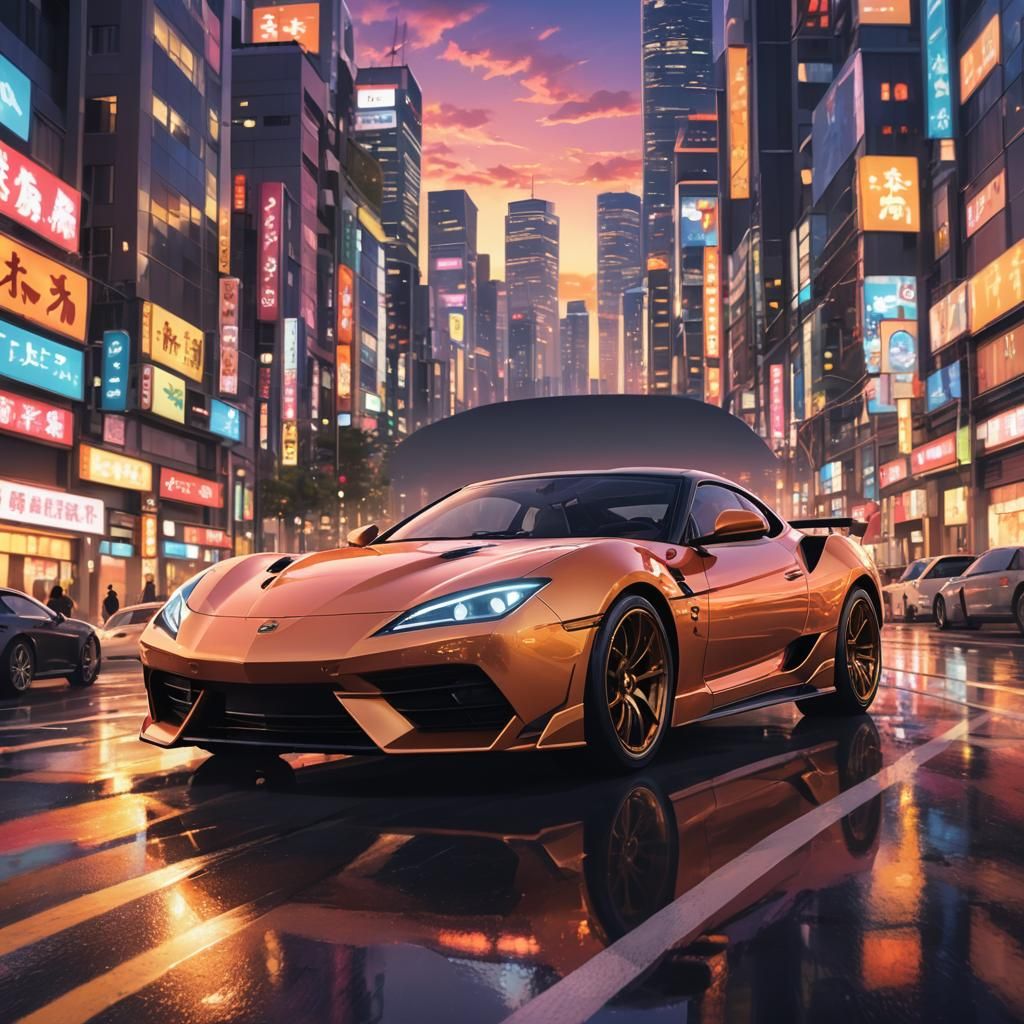 Boy in Sleek Sports Car: Vibrant Manga Anime Art