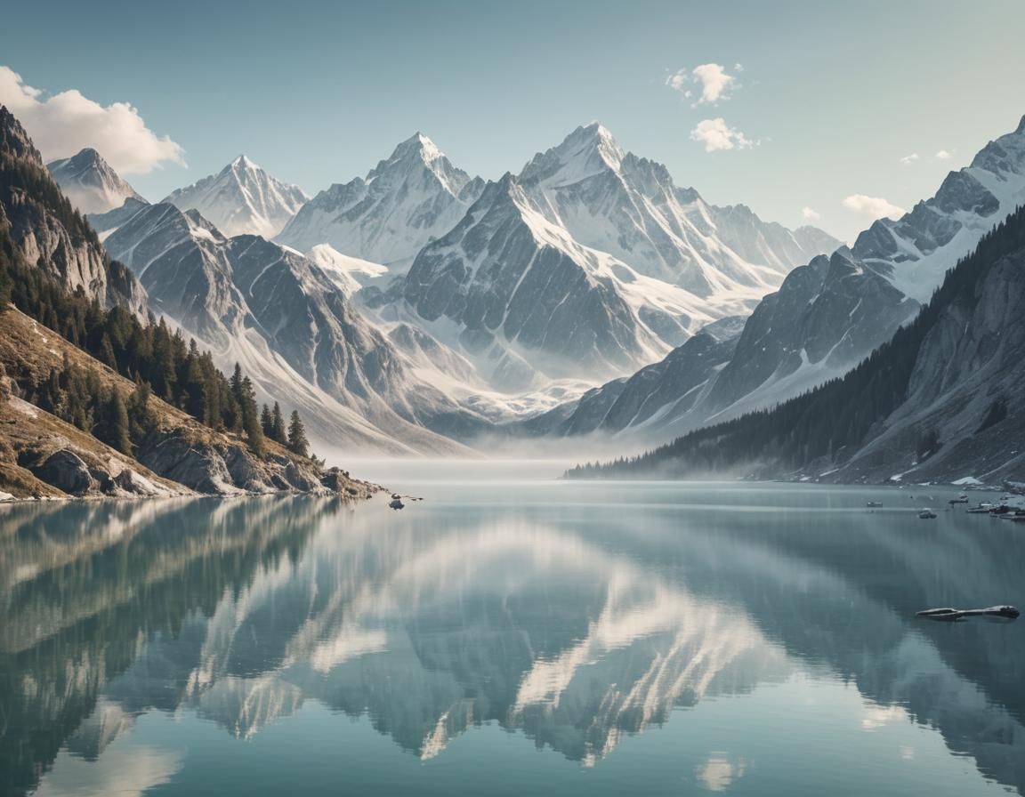 Surreal Alpine Lake Reflects Snow-Capped Peaks