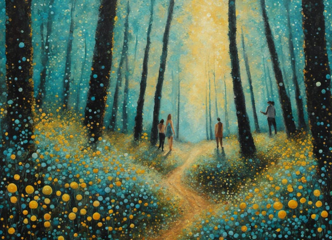 Pointillist Forest Walk with Figures in Oil