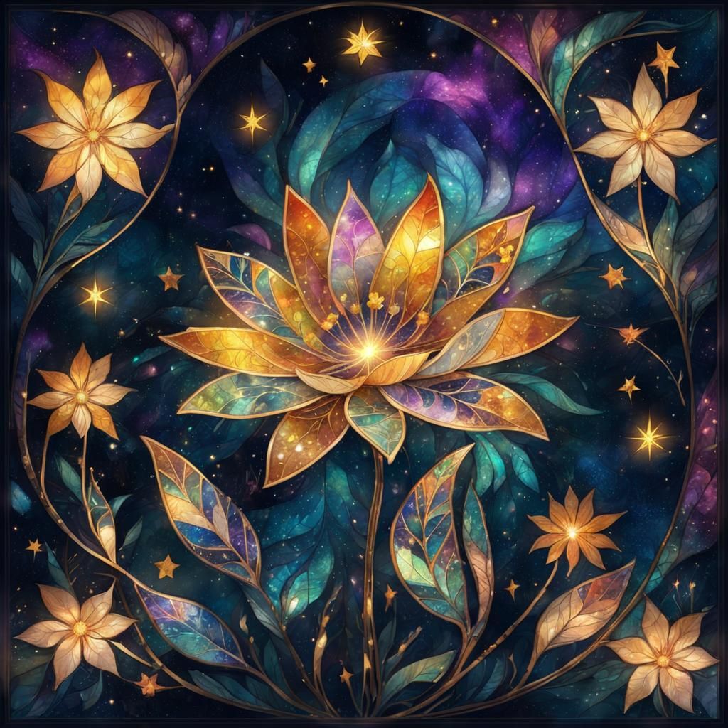 Galaxy Portal with Botanical Flowers in Watercolor Style