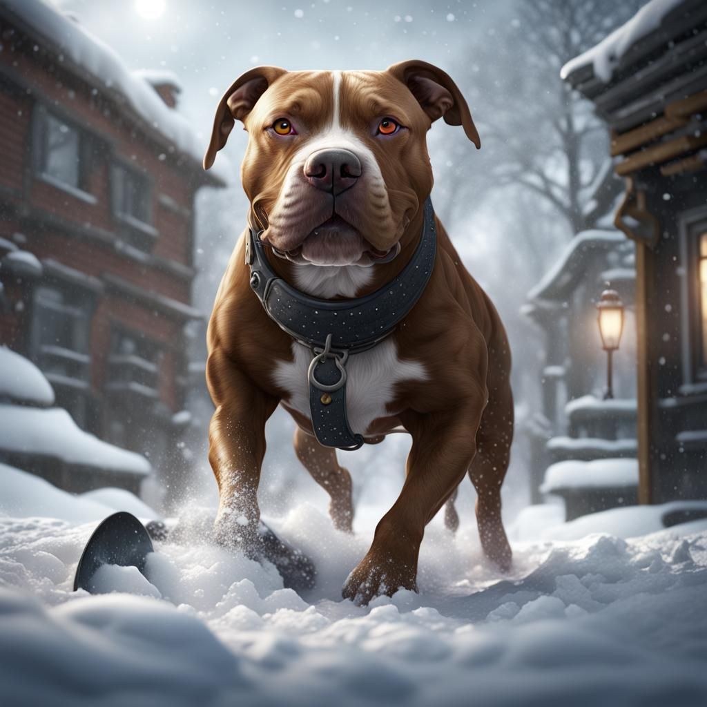 Pit Bull Shoveling Snow: Detailed Matte Painting