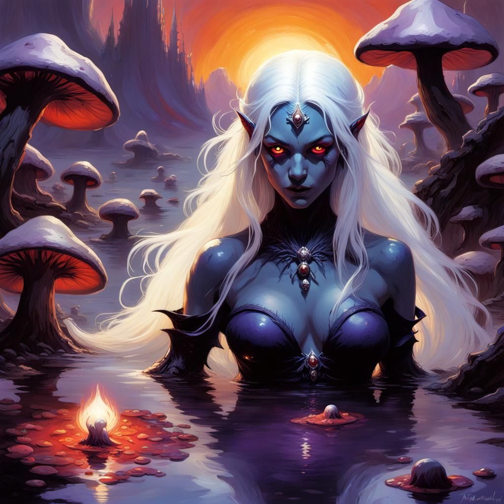 Frank Frazetta fantasy art. Medium shot. A DROW female, cleric of Lolth, with smooth, dark grayish-blue skin and long, f...