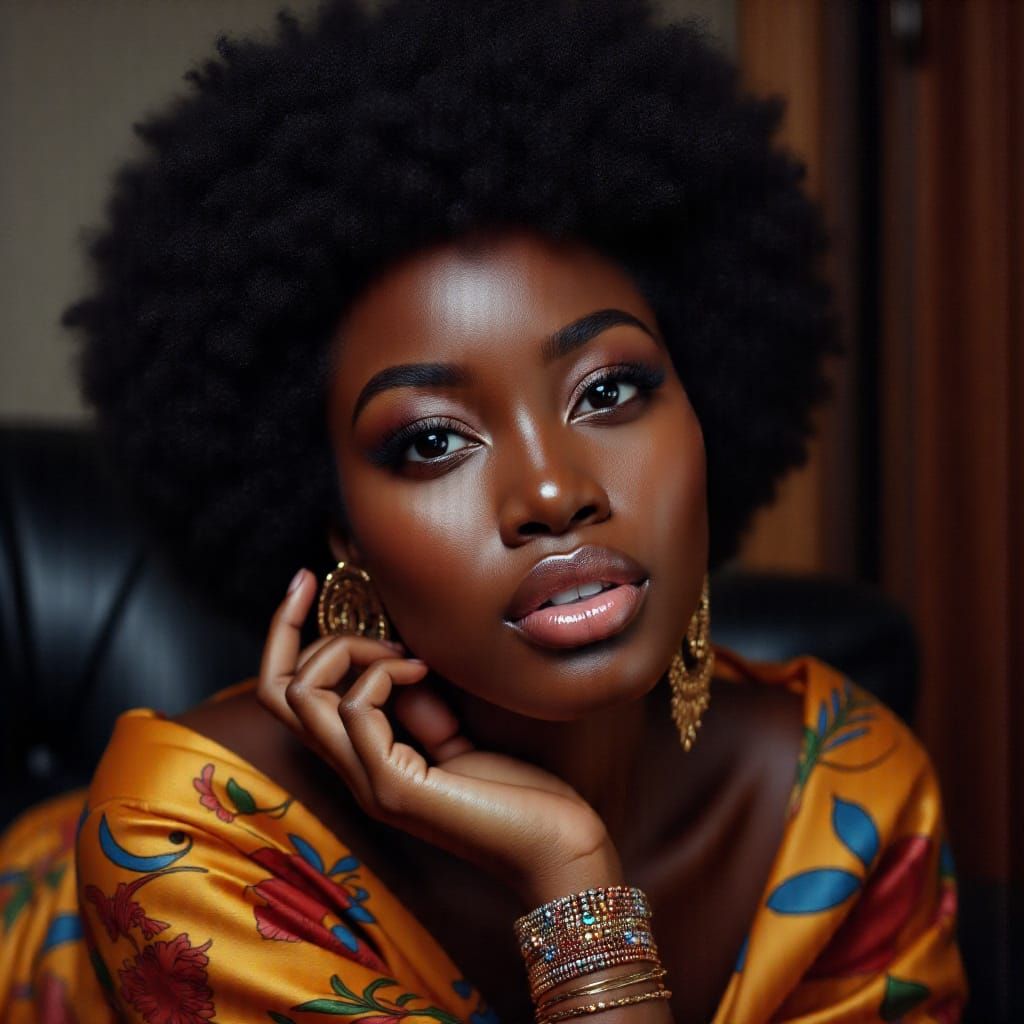 Hyperrealistic Portrait of an African Woman on Sofa