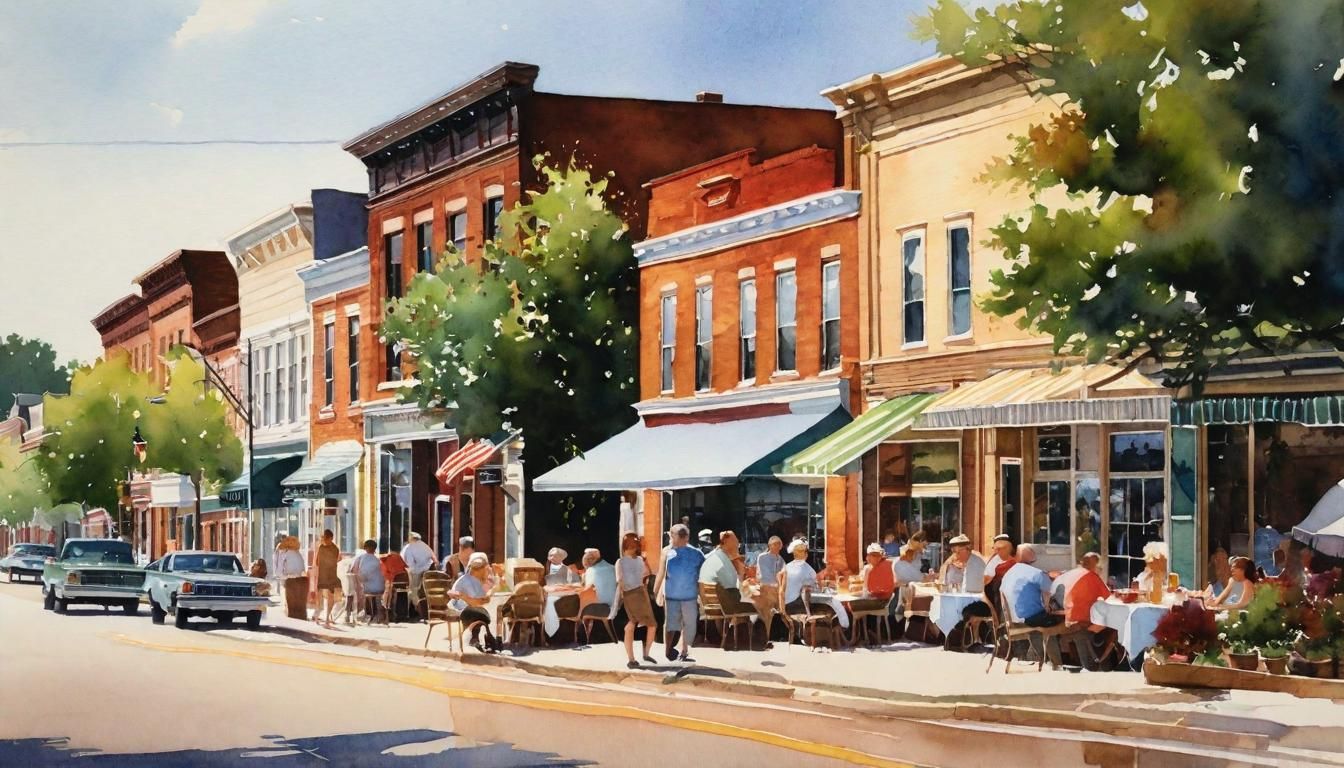 Quiet Midwest Town Watercolor Painting on Summer Day
