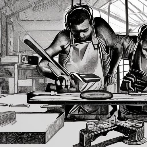 Workers Forging Skateboards as Linocut Art