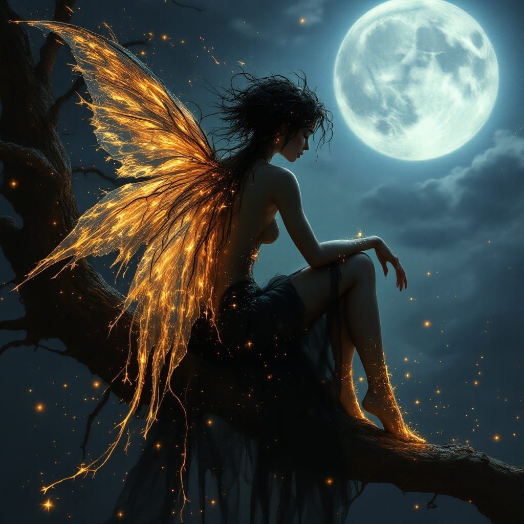 Moonlit Fairy with Fiery Wings