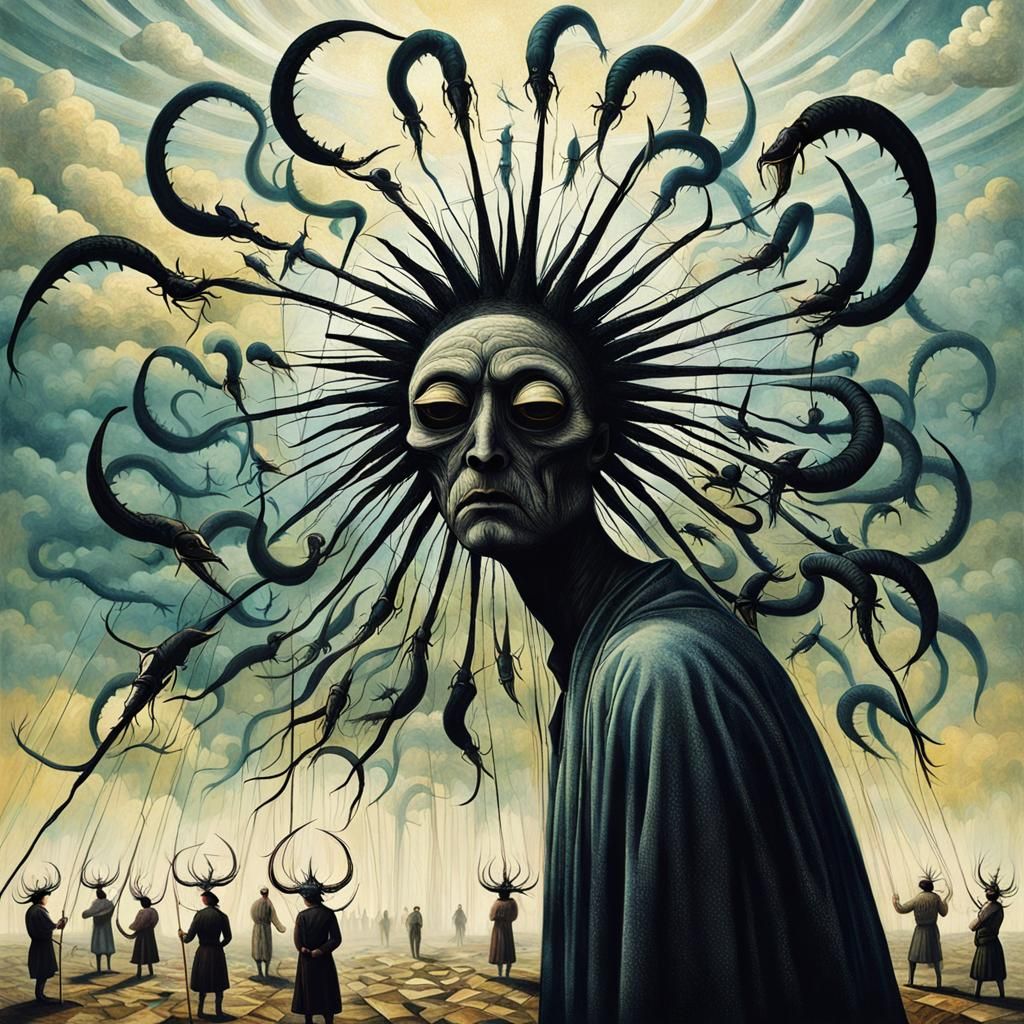 Terrifying Black Sun Devouring All: Surreal Gouache Art