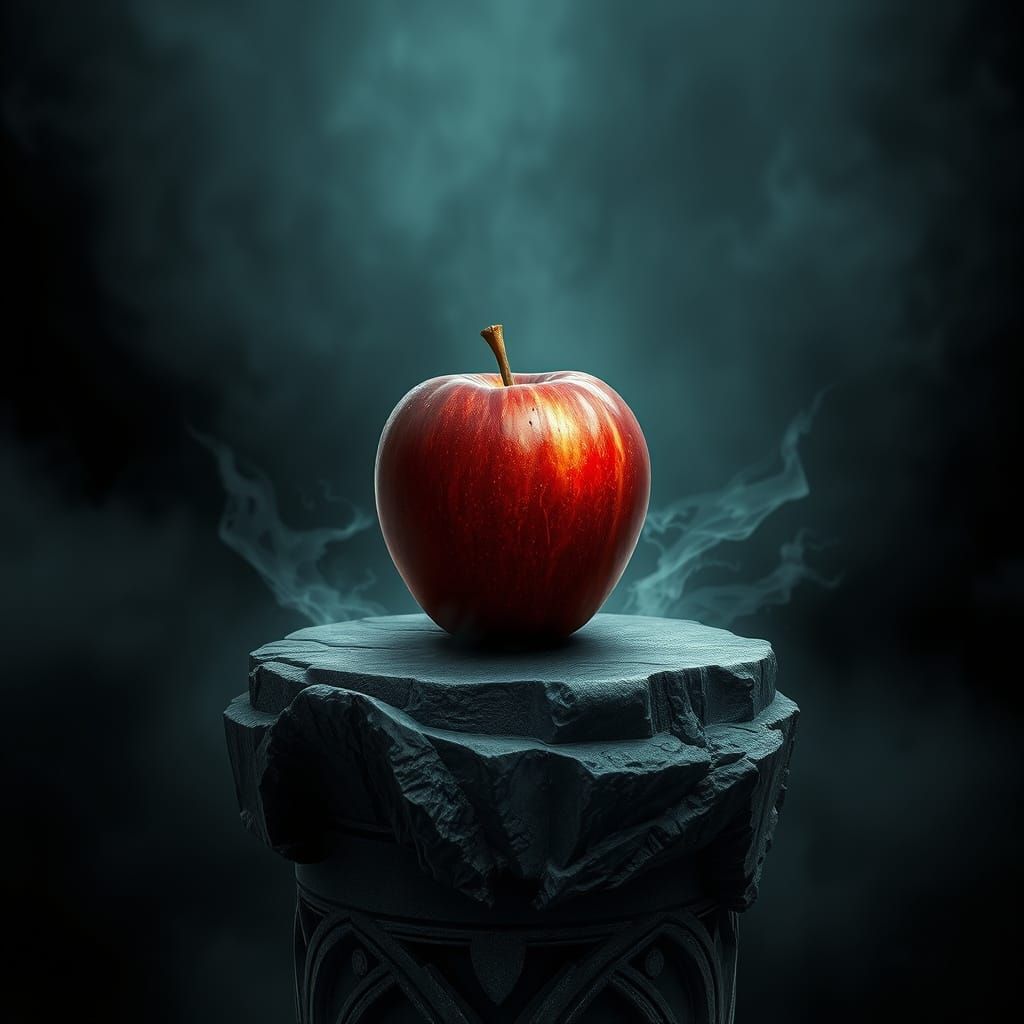 Dark, Mysterious Apple on Ancient Stone Pedestal