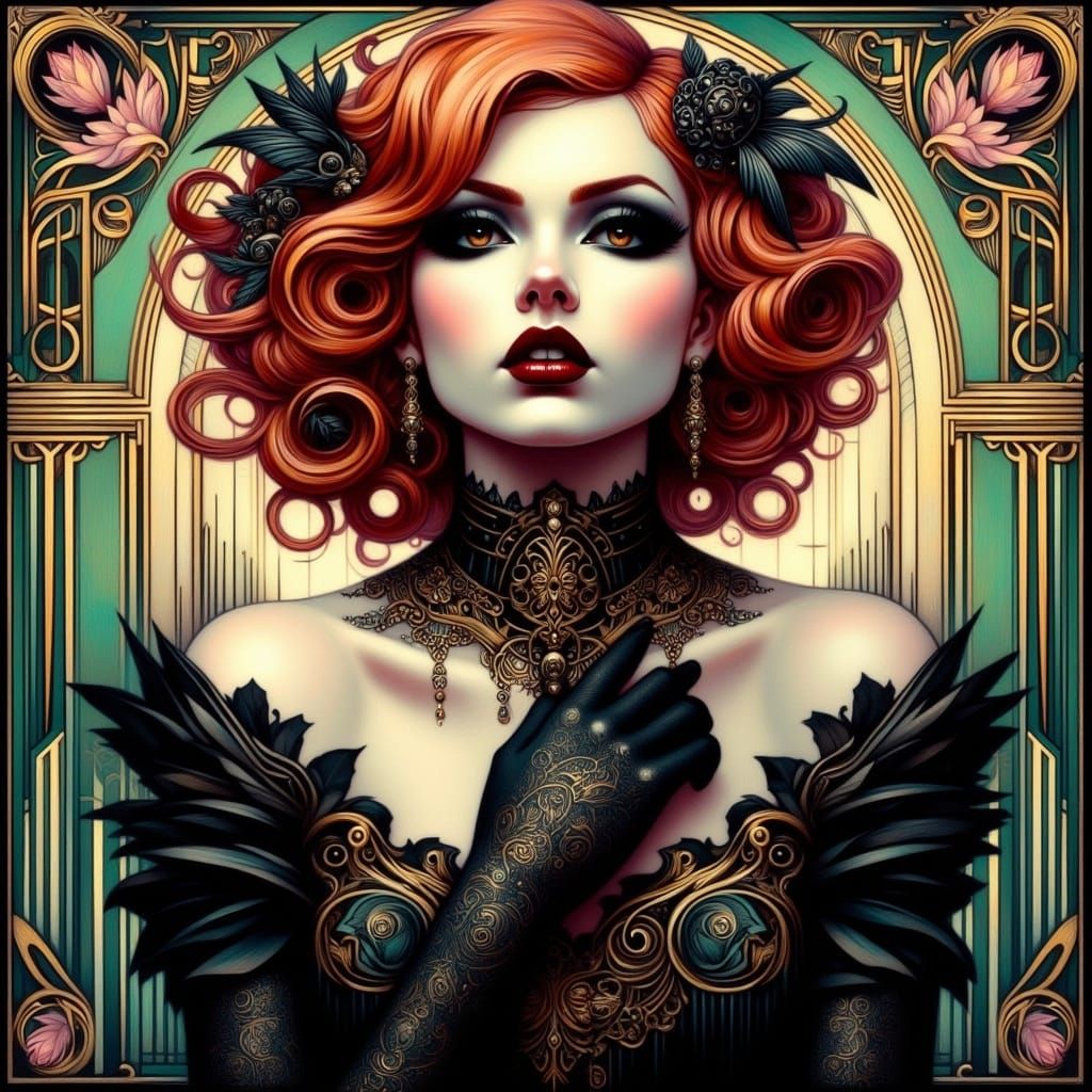 Ethereal Gothic Goddess in Opulent Art Nouveau Style