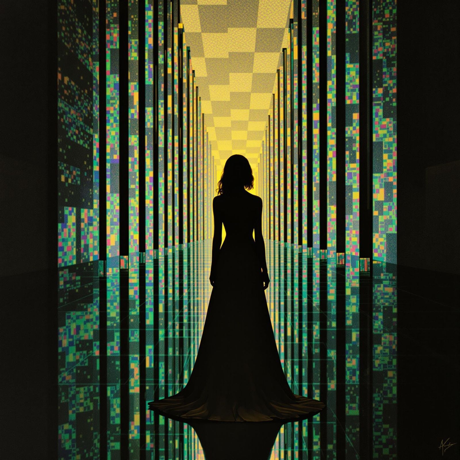 Woman in Iridescent Corridor
