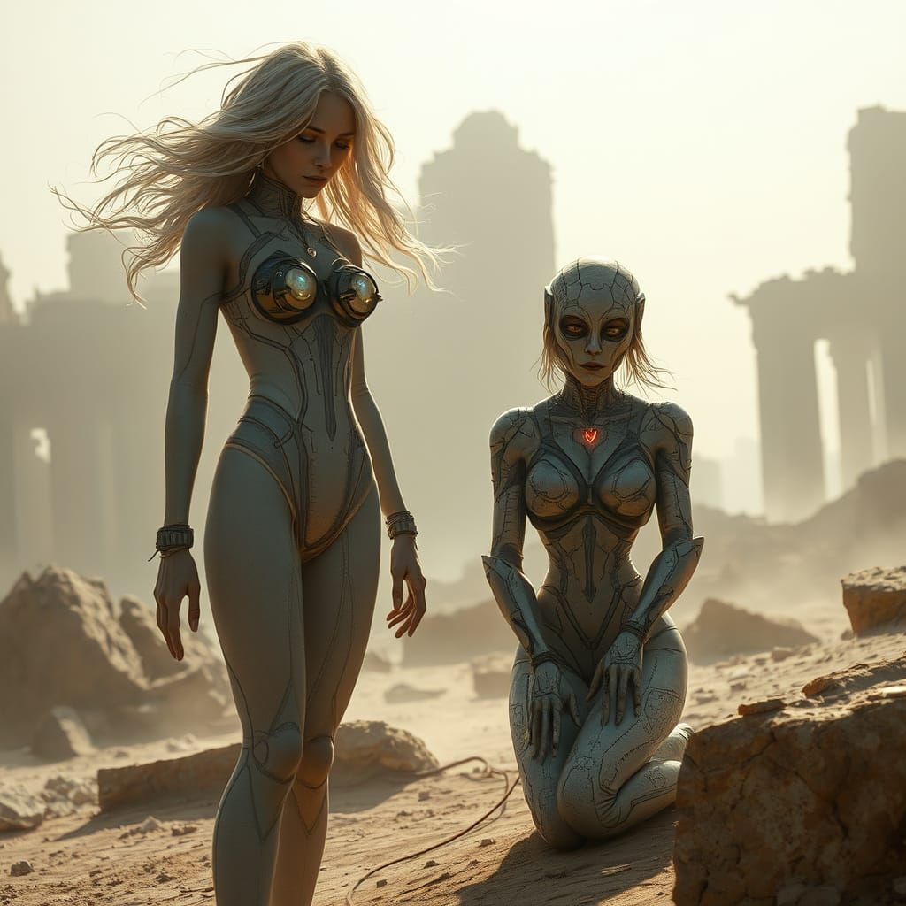 Alien City Ruins with Women in Memory Suits