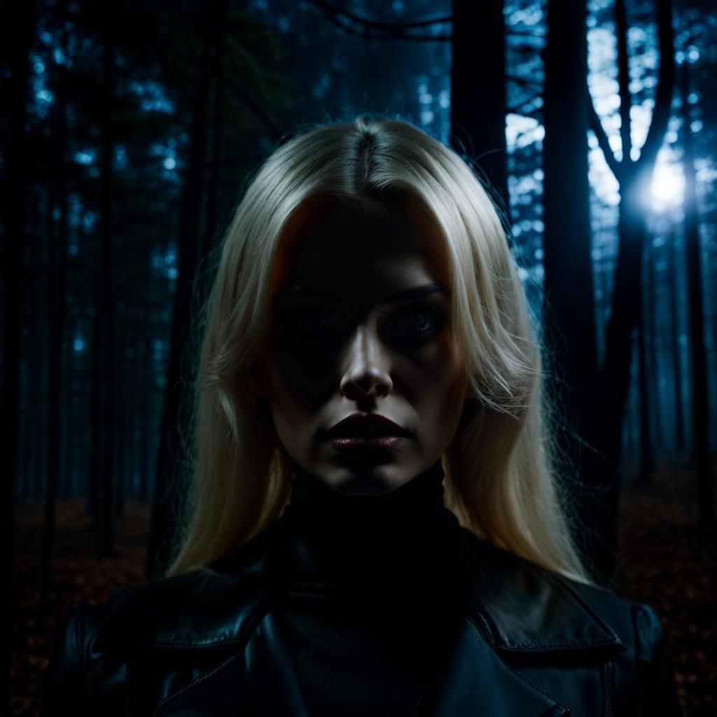 Creepy Horror Portrait of Blonde Woman in Dark Forest