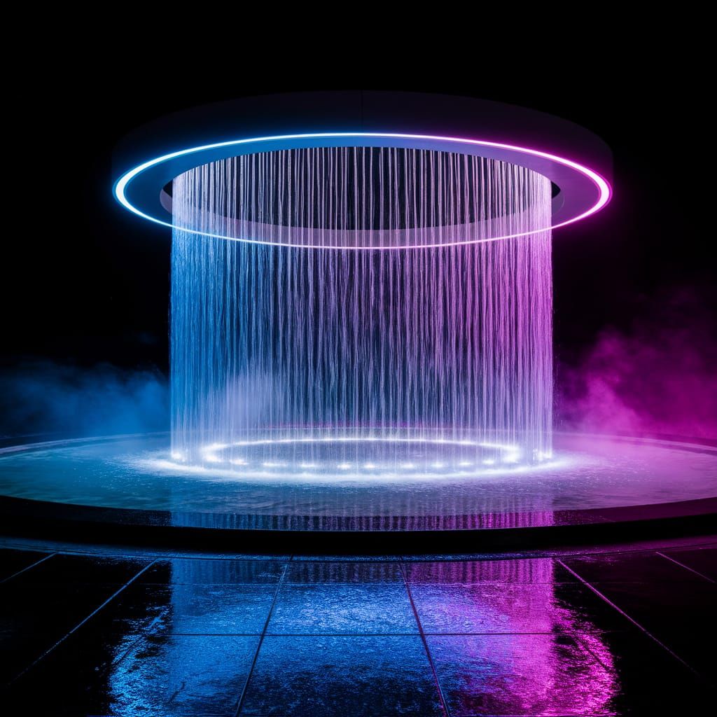 Modern Rain Waterfall Fountain at Night with LED Lighting
