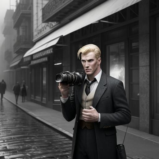 Man with Nikon Camera in 1950s Street Scene