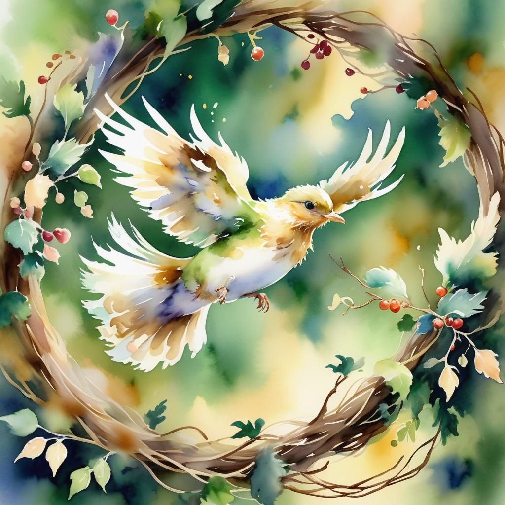 Fluffy Bird Soaring to Nest in Watercolor Style