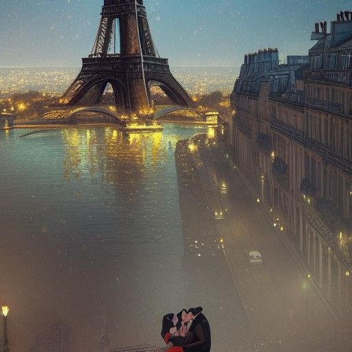 Romantic Eiffel Tower Kiss: Digital Art