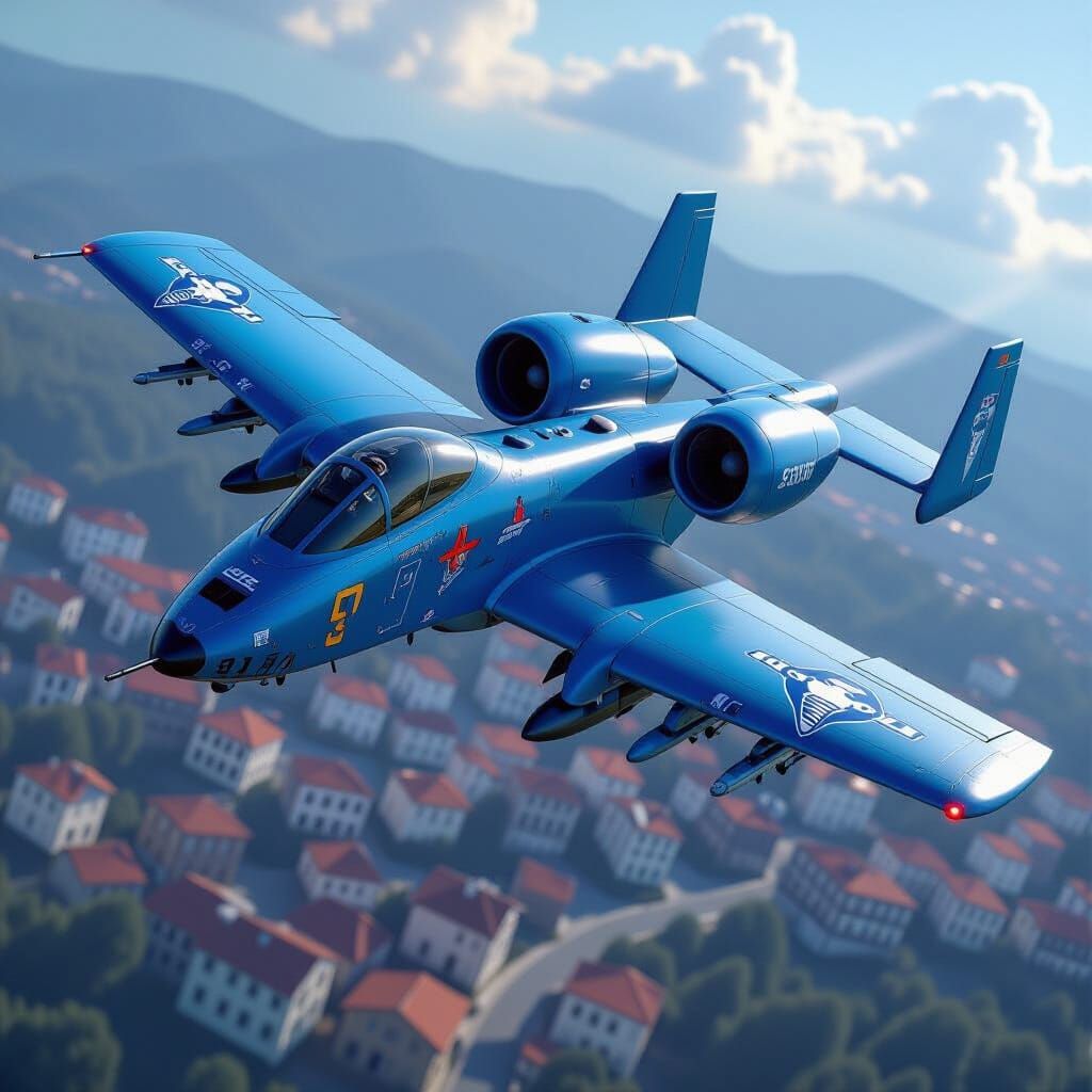 Blue A-10 Thunderbolt II Soaring Over City