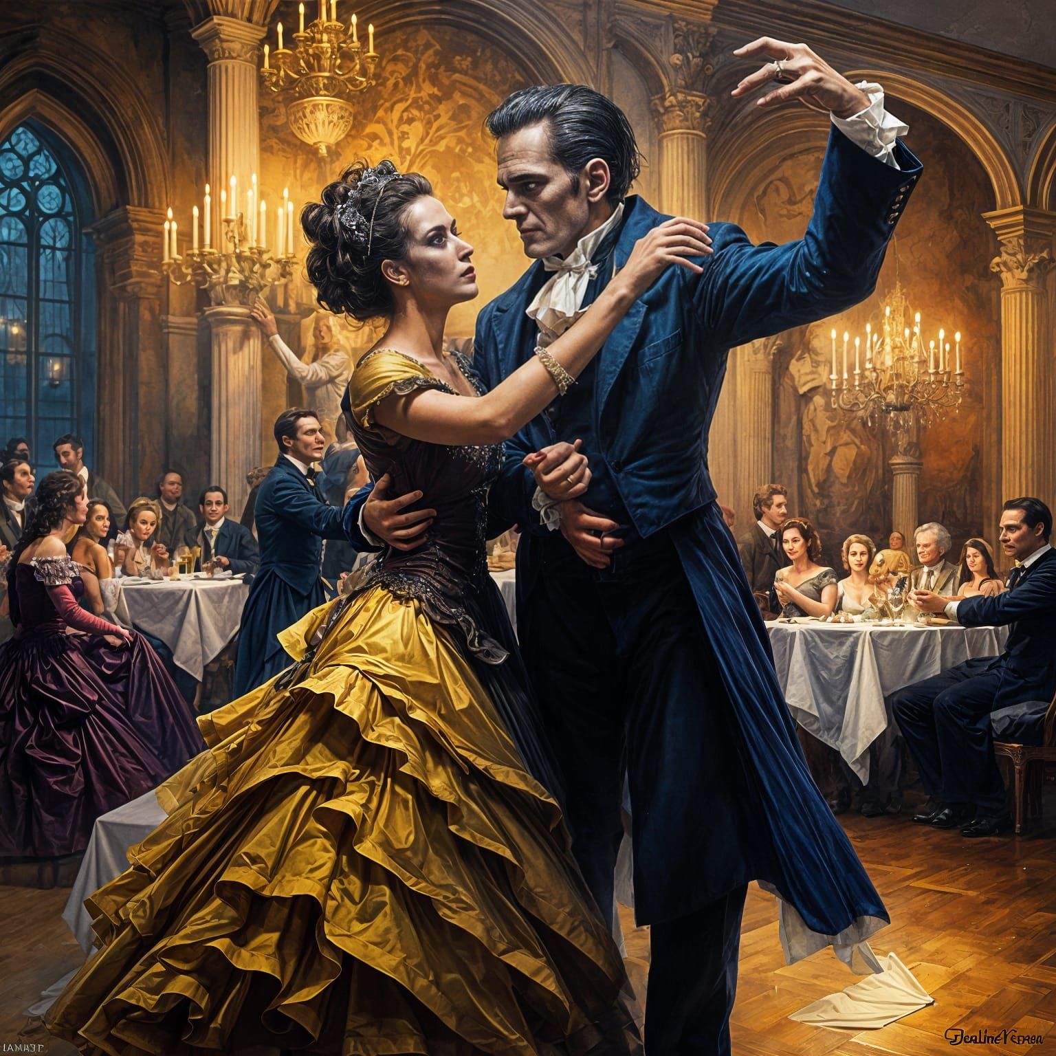 Frankenstein Couple Dancing at a Ball