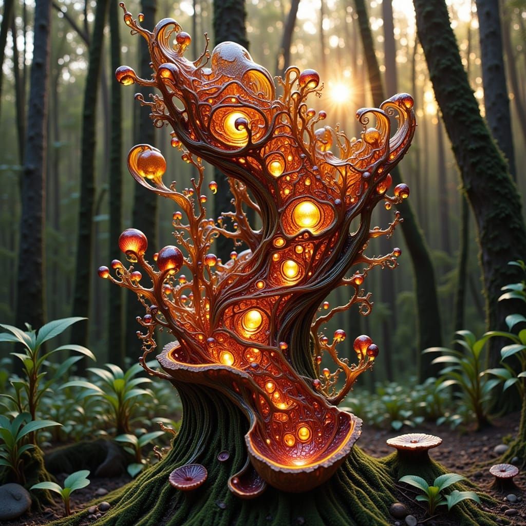 Surreal Forest Sunset with Pagan Objects