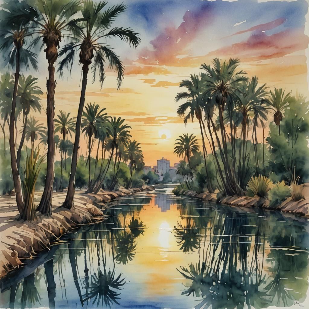 Watercolor Sunrise at Segura River Mouth, Spain