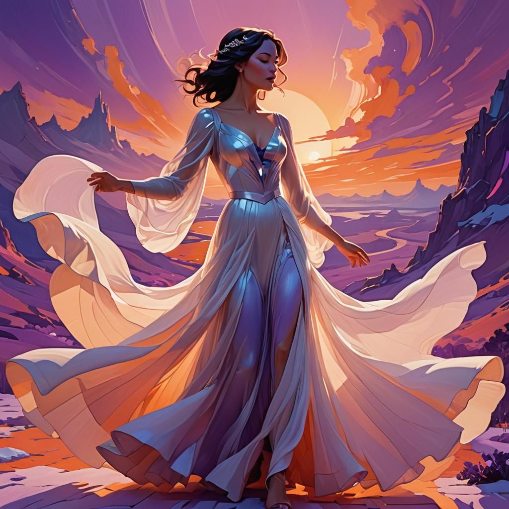 Elegant Woman Dancing in Sunset: 3D Digital Art