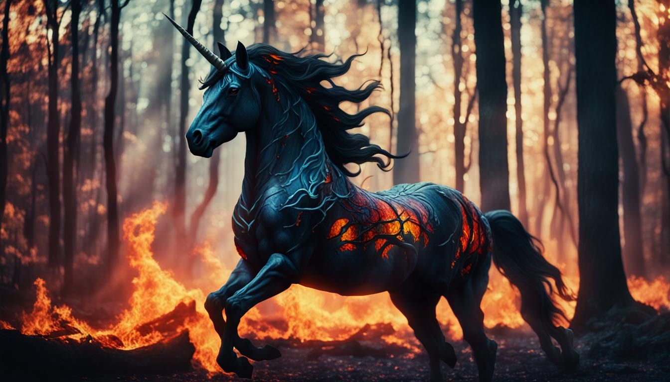 Fiery Black Unicorn Prancing Through Burning Forest