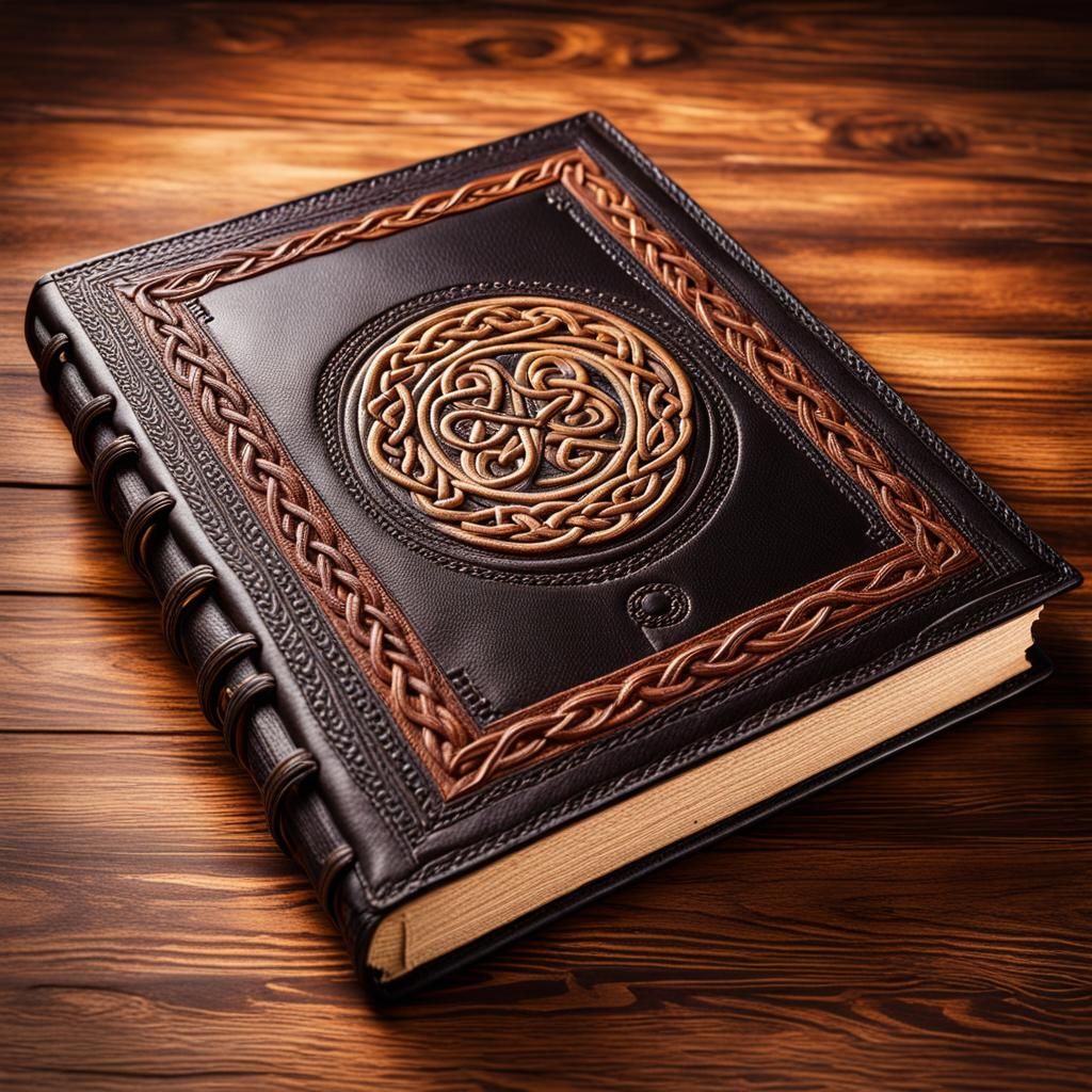 Embroidered Celtic Leather Book on Wooden Table