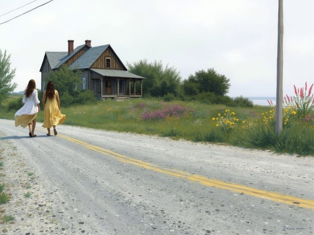 Whimsical Women Approach a Rural Farmhouse