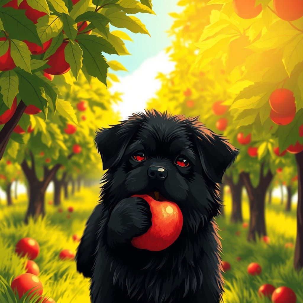 Dog with Apple in Orchard, Anime Cel-Shaded Style