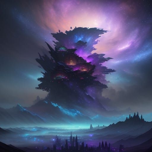 Ethereal City Floating in Nebula in Fantasy Style