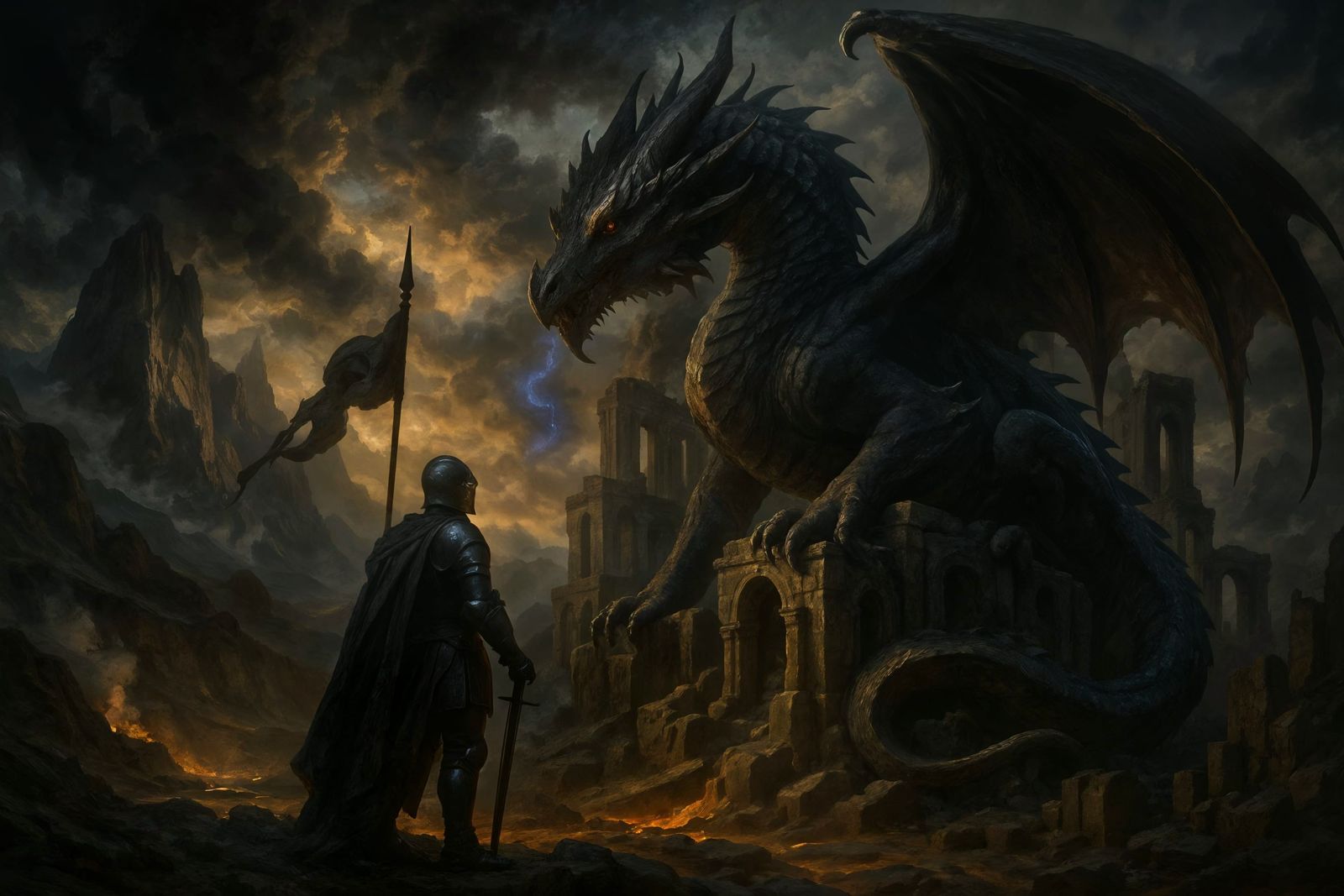 Majestic Knight and Dragon Encounter in Fantasy Landscape