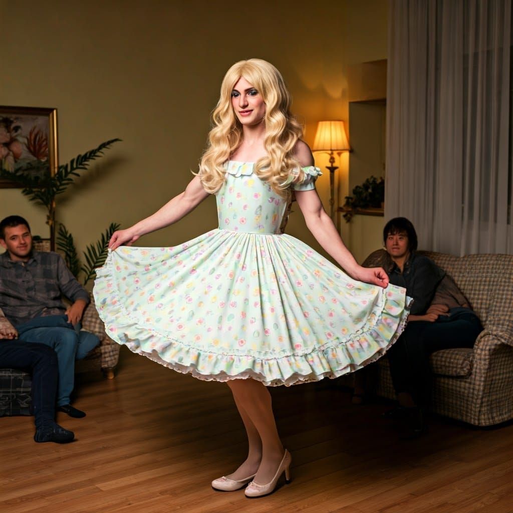 Elegant Young Man Spins with Joy in Easter Dress